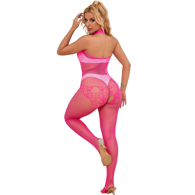 Subblime952389 Fishnet And Lace Crotchless Bodystocking With High Neck Pink One Size | Niks.fi verkkokauppa