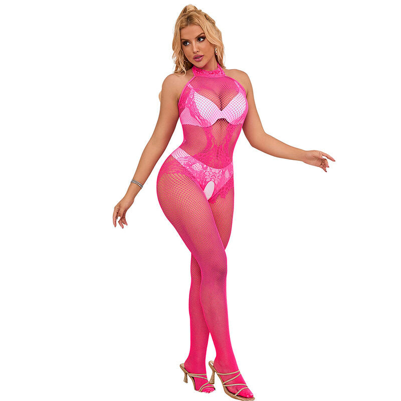 Subblime952389 Fishnet And Lace Crotchless Bodystocking With High Neck Pink One Size | Niks.fi verkkokauppa