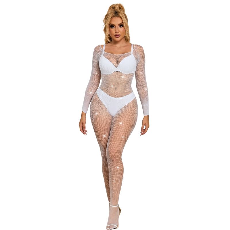 Subblime952396 Fishnet Bodystocking With Diamonds Long Sleeve White One Size | Niks.fi verkkokauppa