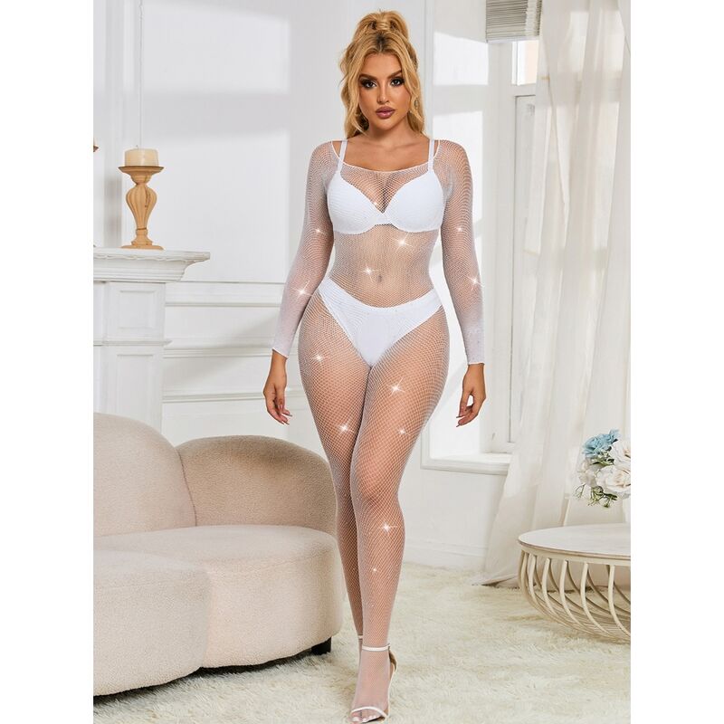 Subblime952396 Fishnet Bodystocking With Diamonds Long Sleeve White One Size | Niks.fi verkkokauppa