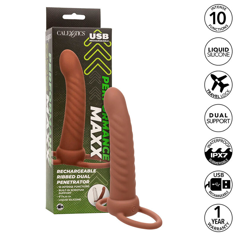 Maxx Ribbed Dual Penetrator 10 Vibrations Brown | Niks.fi verkkokauppa
