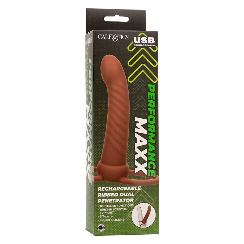 Maxx Ribbed Dual Penetrator 10 Vibrations Brown | Niks.fi verkkokauppa