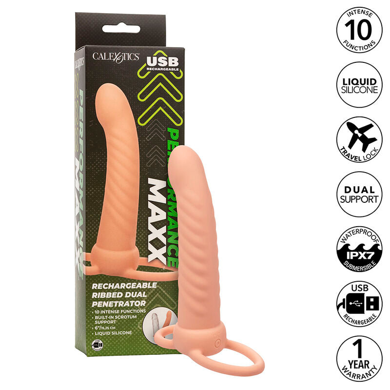 Maxx Ribbed Dual Penetrator 10 Vibrations Flesh | Niks.fi verkkokauppa