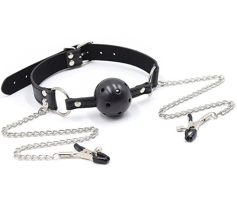 Ohmama Fetish Ball Gag With Vents And Nipple Clamps | Niks.fi verkkokauppa
