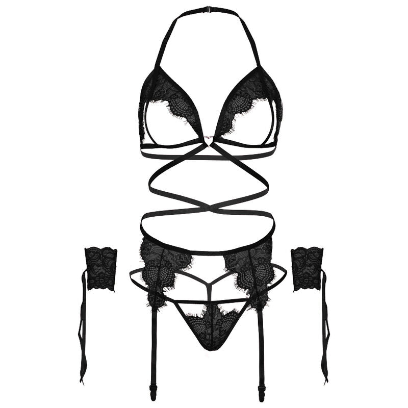 Leg Avenue Four Pieces Set Bra, G-String, Garter Belt & Wrist Cuffs One Size Black | Niks.fi verkkokauppa