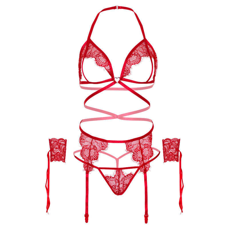 Leg Avenue Four Pieces Set Bra, G-String, Garter Belt & Wrist Cuffs One Size Red | Niks.fi verkkokauppa
