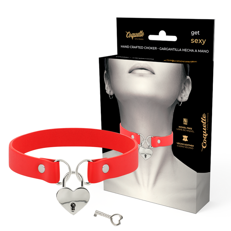 Coquette Chic Desire Red Vegan Leather Necklace With Heart Accessory With Key | Niks.fi verkkokauppa