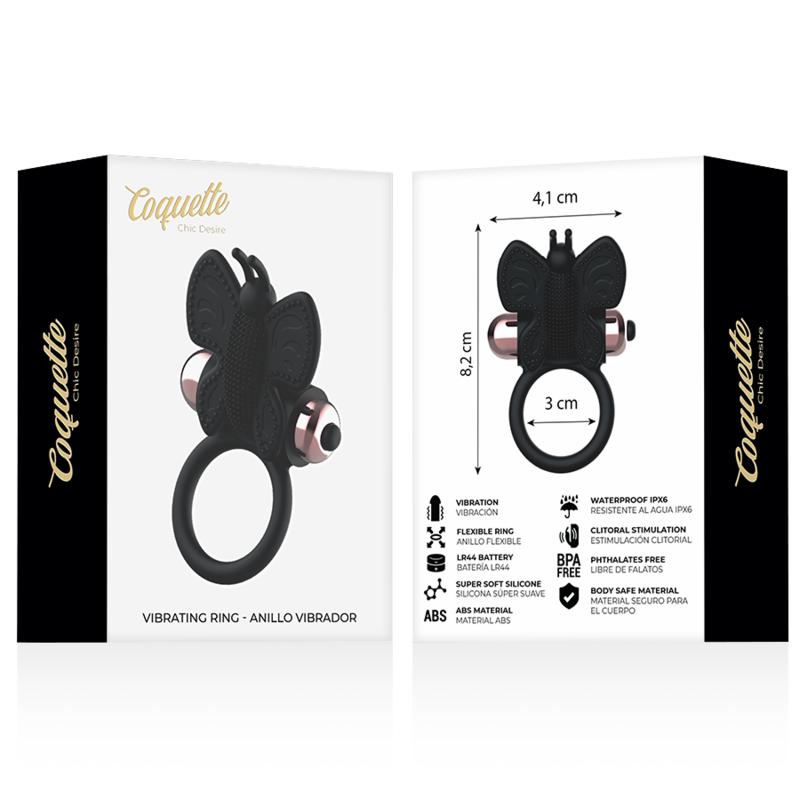 Coquette Toys Cock Ring Butterfly With Vibrator Black/ Gold | Niks.fi verkkokauppa