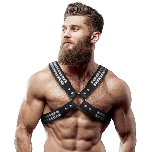 Fetish Submissive Attitude Men'S Crossed Chest Eco-Leather Harness With Rivets | Niks.fi verkkokauppa