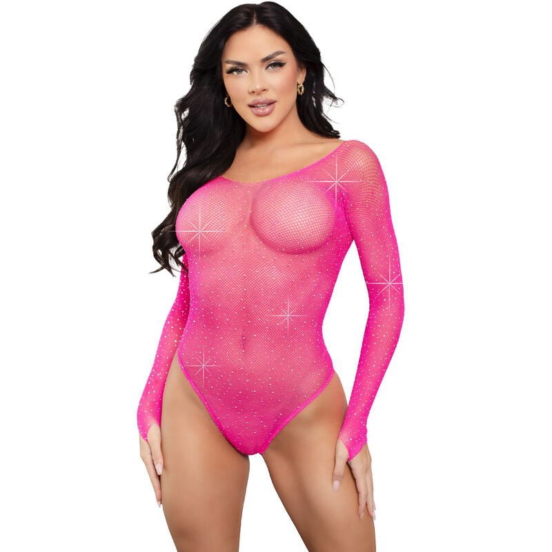 Leg Avenue Crystalized Long Sleeve Bodysuit Fuchsia | Niks.fi verkkokauppa