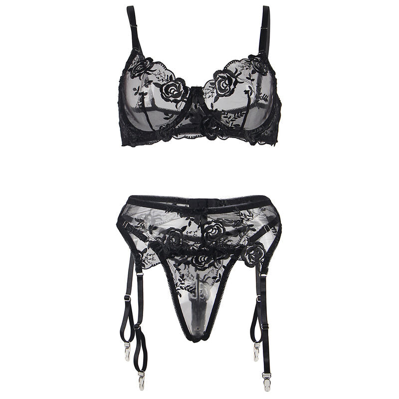 Subblimeset Of 3 Pieces Bra + Thong + Garter Floral Print Black L/Xl | Niks.fi verkkokauppa