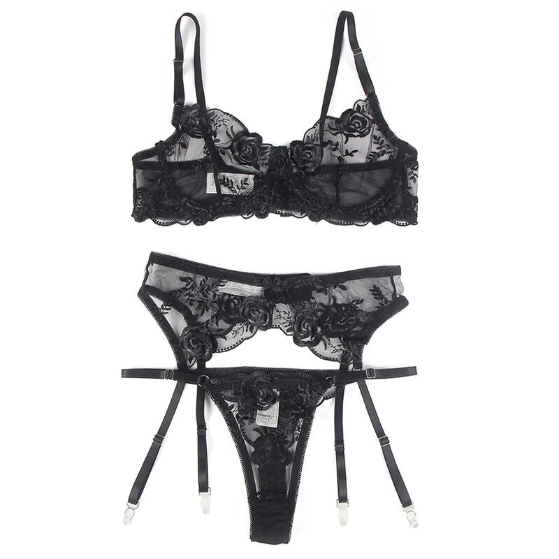 Subblimeset Of 3 Pieces Bra + Thong + Garter Floral Print Black L/Xl | Niks.fi verkkokauppa