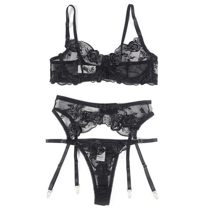 Subblimeset Of 3 Pieces Bra + Thong + Garter Floral Print Black L/Xl | Niks.fi verkkokauppa