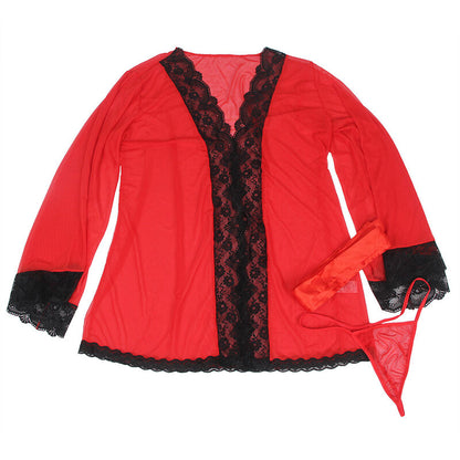Subblime Transparent Fabric Robe With Lace Detail Red S/M | Niks.fi verkkokauppa