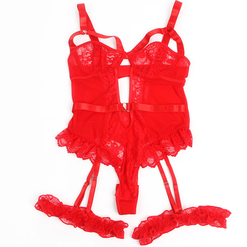 Subblimeteddy With Garter With Lace Detail And Strips Red S/M | Niks.fi verkkokauppa