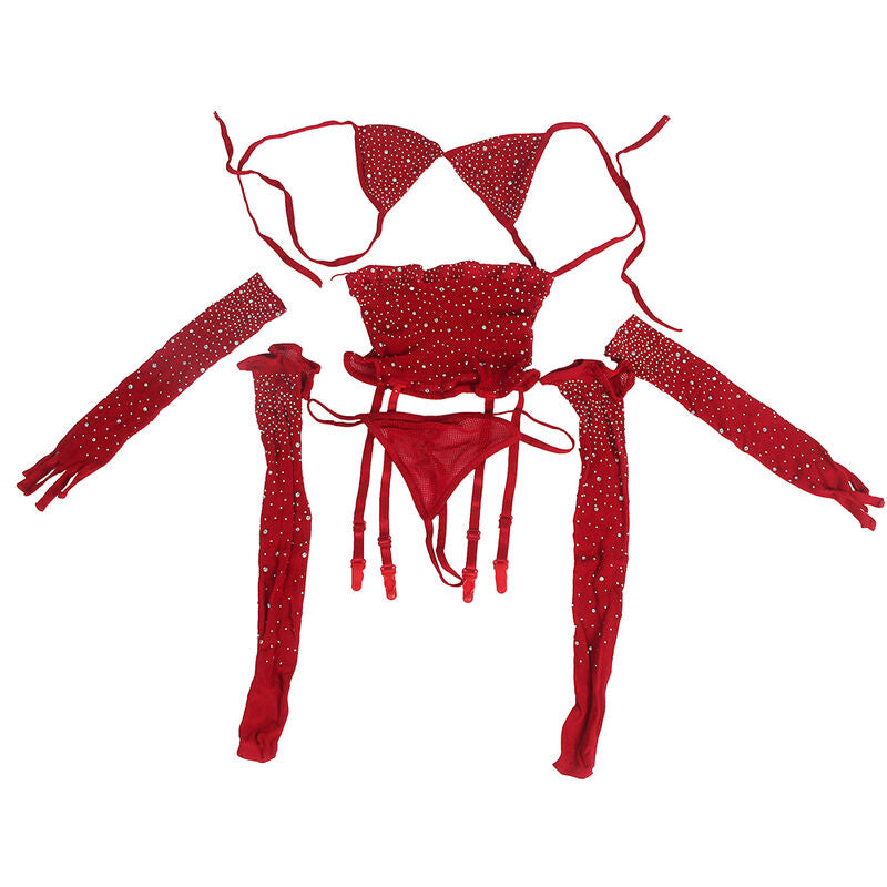 Subblime952181 Fishnet Bodystocking With Gloves And Diamonds Red One Size | Niks.fi verkkokauppa