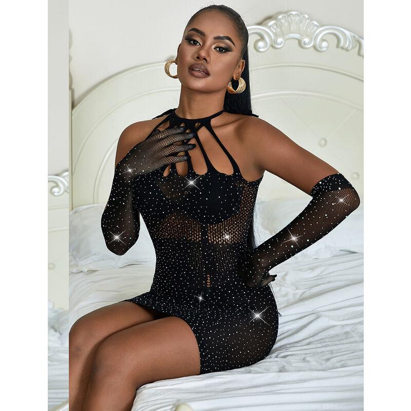 Subblime952235 Fishnet Dress With Rhinestones Black One Size | Niks.fi verkkokauppa