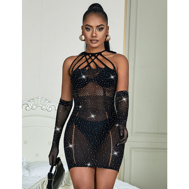 Subblime952235 Fishnet Dress With Rhinestones Black One Size | Niks.fi verkkokauppa