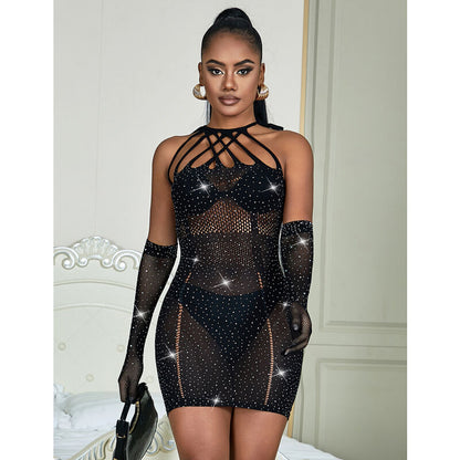 Subblime952235 Fishnet Dress With Rhinestones Black One Size | Niks.fi verkkokauppa