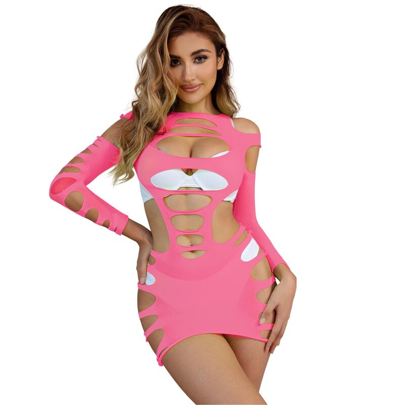 Subblime952273 Long Sleeve Elastic Fishnet Dress Pink One Size | Niks.fi verkkokauppa
