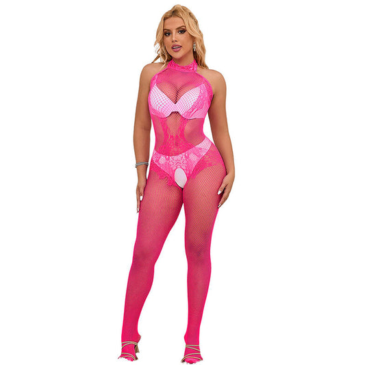 Subblime952389 Fishnet And Lace Crotchless Bodystocking With High Neck Pink One Size | Niks.fi verkkokauppa