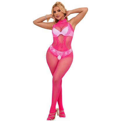 Subblime952389 Fishnet And Lace Crotchless Bodystocking With High Neck Pink One Size | Niks.fi verkkokauppa