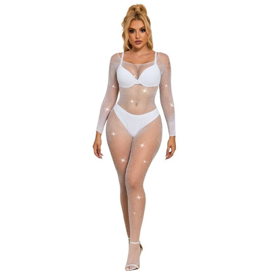 Subblime952396 Fishnet Bodystocking With Diamonds Long Sleeve White One Size | Niks.fi verkkokauppa