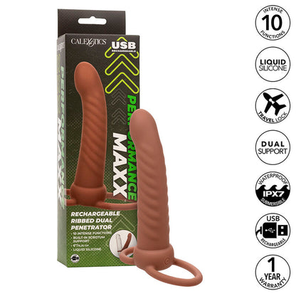 Maxx Ribbed Dual Penetrator 10 Vibrations Brown | Niks.fi verkkokauppa