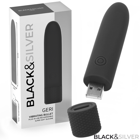 Black & Silver Geri USB-ladattava luotivibraattori - 8 ohjelmaa - musta - 10 × 2,2 cm