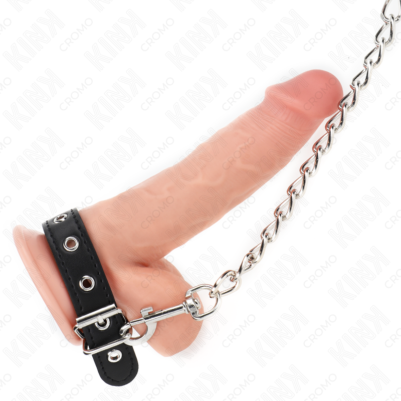 Kink nahkainen penisrengas hihnalla - 21,5 × 2 cm - 60 cm:n metalliketju