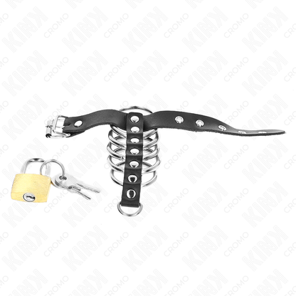 Kink lukittava nahkainen penisrengas viidellä metallirenkaalla - 21 × 2 cm - Ø 3–4 cm