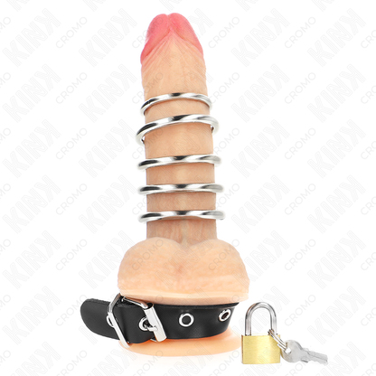 Kink lukittava nahkainen penisrengas viidellä metallirenkaalla - 21 × 2 cm - Ø 3–4 cm
