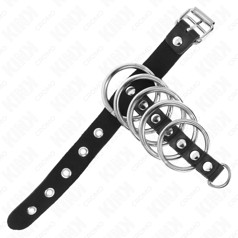 Kink lukittava nahkainen penisrengas viidellä metallirenkaalla - 21 × 2 cm - Ø 3–4 cm