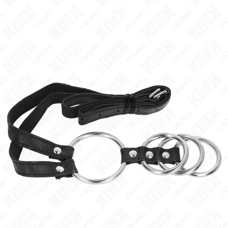 Kink neljä yhdistettyä metallista penisrengasta nahkavyöllä - Ø 3,8–5 cm - 112 cm