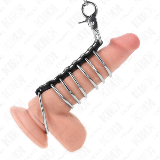 Kink seitsemän metallisen penisrenkaan setti nahalla ja ketjulla - Ø 3,8–5 cm - 100 cm