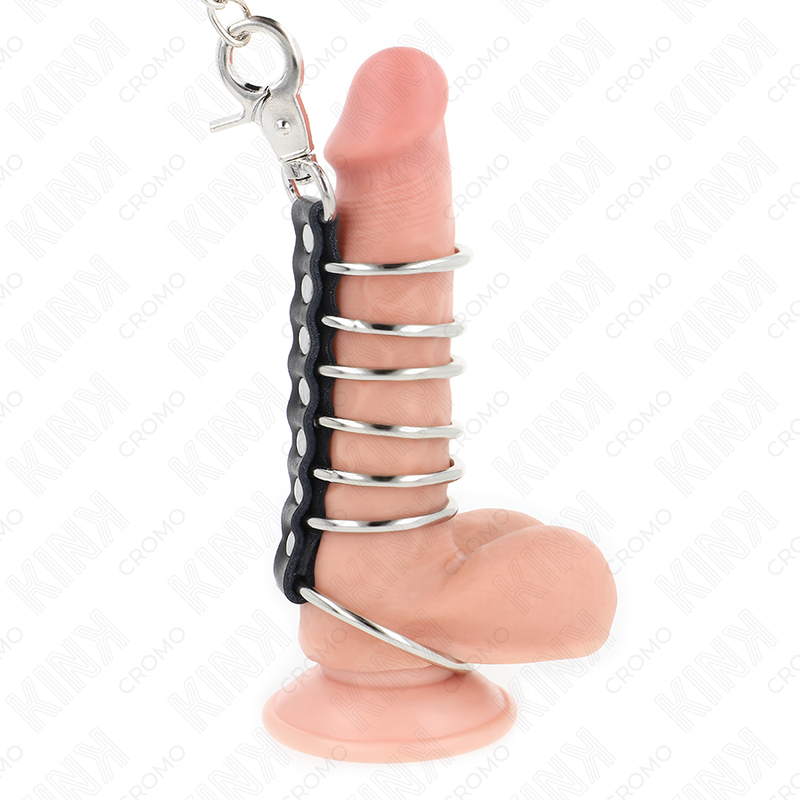 Kink seitsemän metallisen penisrenkaan setti nahalla ja ketjulla - Ø 3,8–5 cm - 100 cm