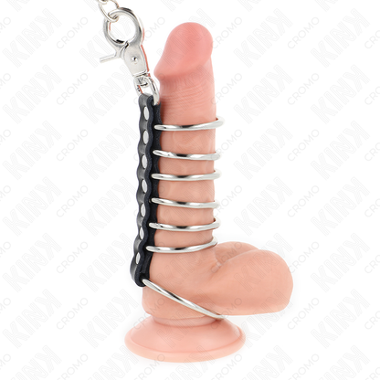 Kink seitsemän metallisen penisrenkaan setti nahalla ja ketjulla - Ø 3,8–5 cm - 100 cm