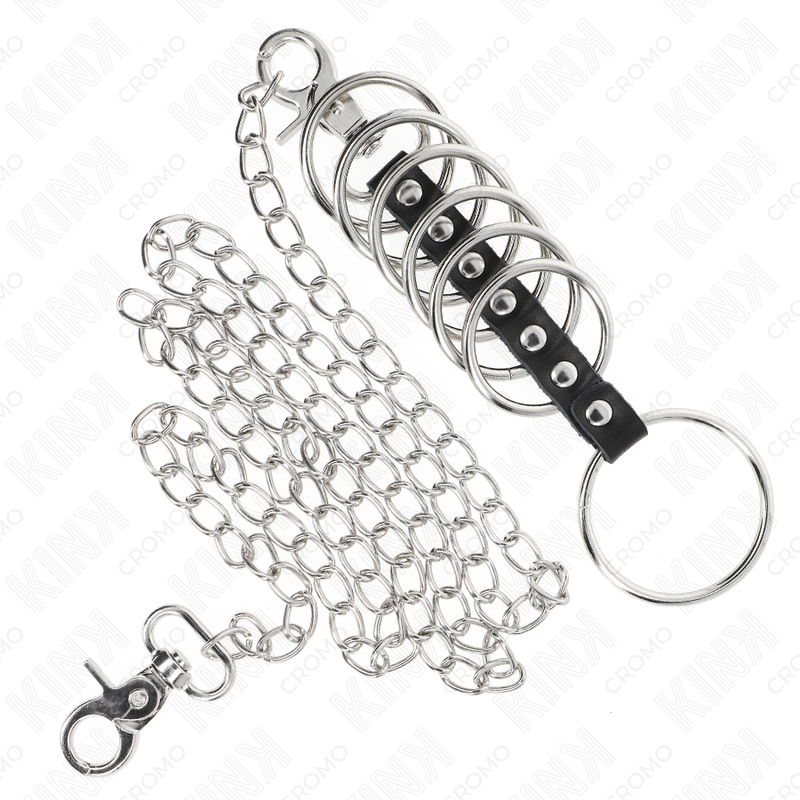 Kink seitsemän metallisen penisrenkaan setti nahalla ja ketjulla - Ø 3,8–5 cm - 100 cm