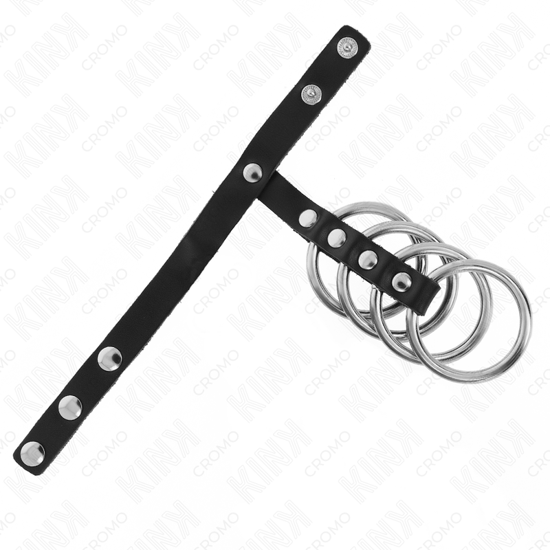 Kink neljä metallista penisrengasta nahkahihnalla ja nepparilla - Ø 3,8 cm - 22 × 1,5 cm