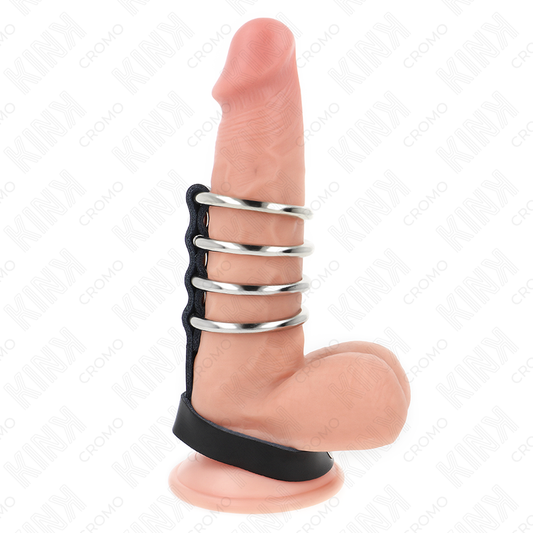 Kink neljä metallista penisrengasta nahkahihnalla ja nepparilla - Ø 3,8 cm - 22 × 1,5 cm