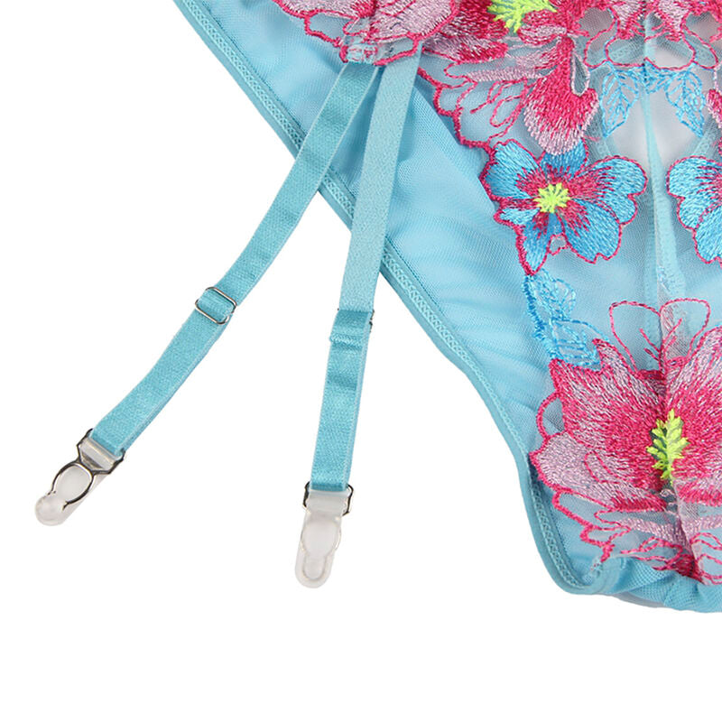 Subblime954109 Bra + Panties With Garter Belt Floral Design Blue S/M | Niks.fi verkkokauppa