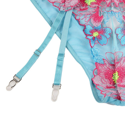 Subblime954109 Bra + Panties With Garter Belt Floral Design Blue S/M | Niks.fi verkkokauppa