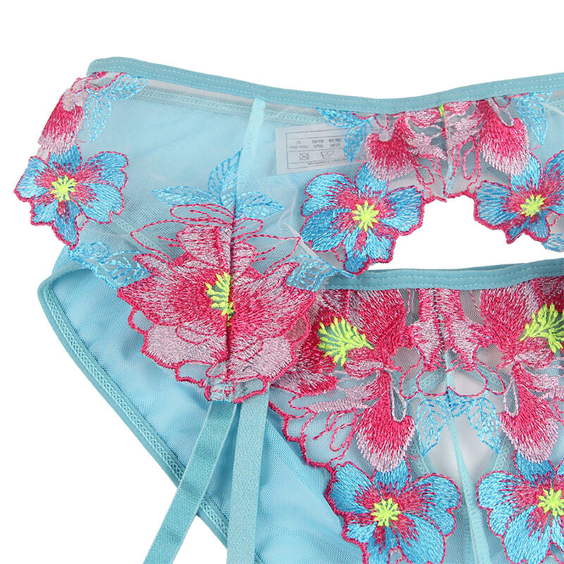 Subblime954109 Bra + Panties With Garter Belt Floral Design Blue S/M | Niks.fi verkkokauppa