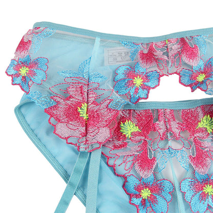 Subblime954109 Bra + Panties With Garter Belt Floral Design Blue S/M | Niks.fi verkkokauppa