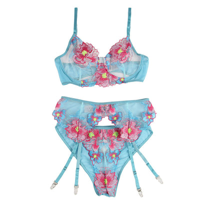 Subblime954109 Bra + Panties With Garter Belt Floral Design Blue S/M | Niks.fi verkkokauppa