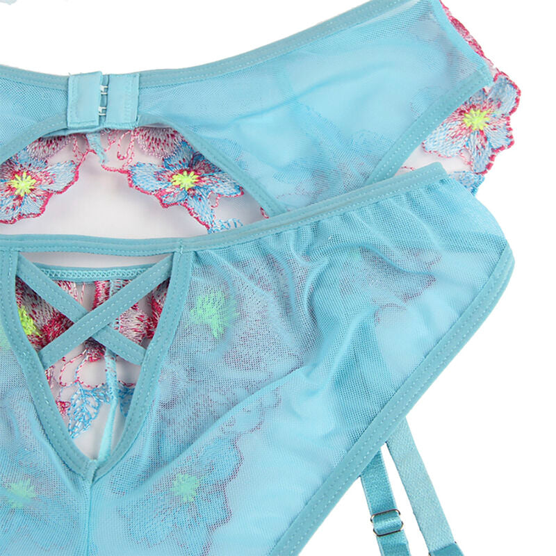 Subblime954116 Bra + Panties With Garter Belt Floral Design Blue L/Xl | Niks.fi verkkokauppa