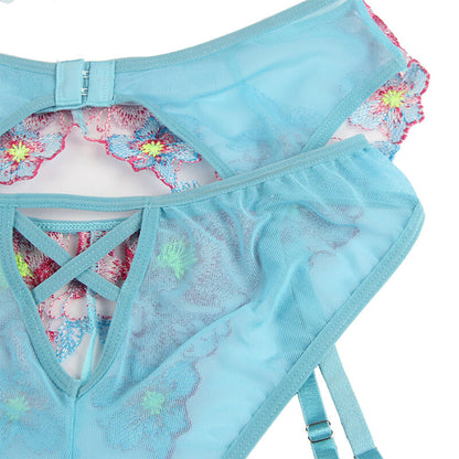 Subblime954116 Bra + Panties With Garter Belt Floral Design Blue L/Xl | Niks.fi verkkokauppa