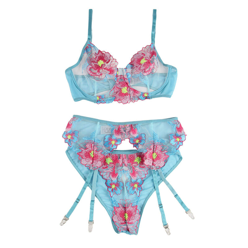 Subblime954116 Bra + Panties With Garter Belt Floral Design Blue L/Xl | Niks.fi verkkokauppa
