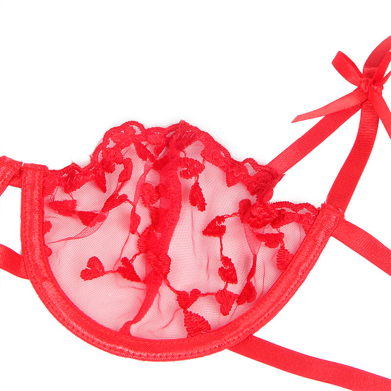 Subblime954321 Heart Print Bra + Thong + Garter Belt Red S/M | Niks.fi verkkokauppa