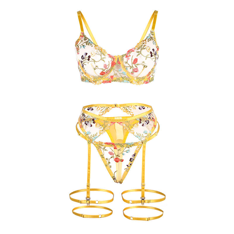 Subblime954345 Bra + Thong + Garter Belt Floral Design Yellow S/M | Niks.fi verkkokauppa